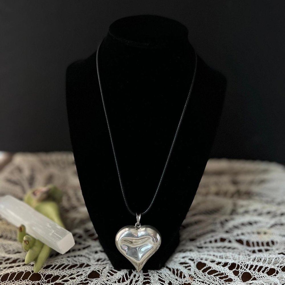 Handmade Upcycled Silver Heart Necklace - Charm Pendant on Black Cord
